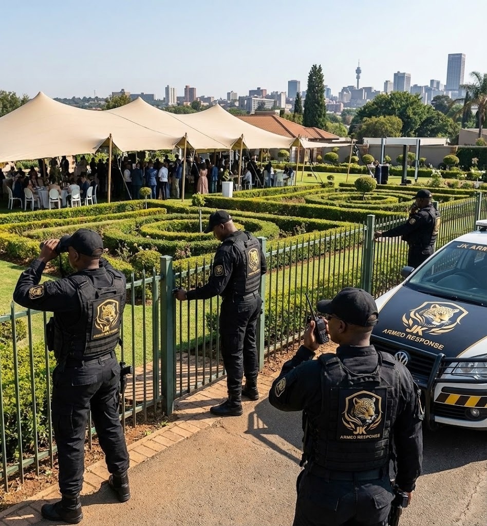 Armed response officers conducting perimeter checks at a Gauteng corporate event