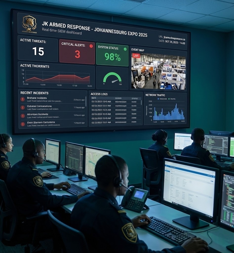 Real-time SIEM dashboard used by JK control room during a 2025 Johannesburg expo