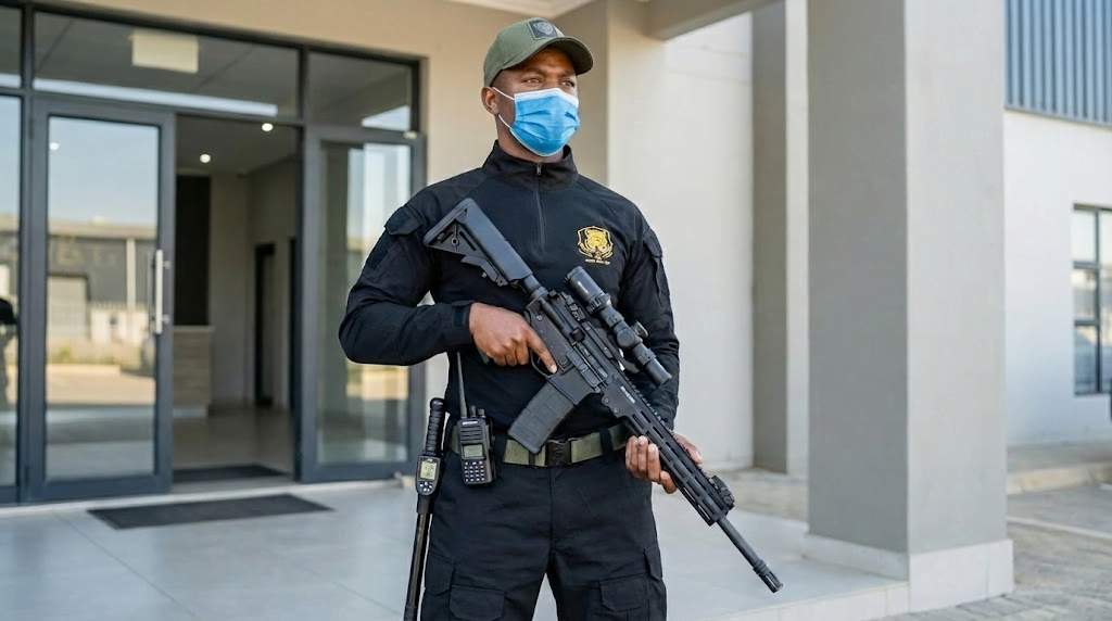 Professional JK Armed Response security officer equipped with radio and tactical gear