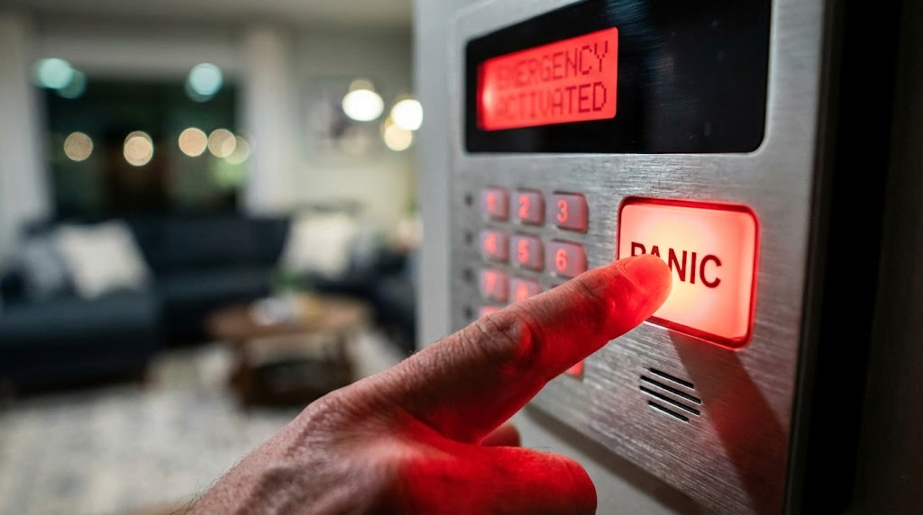 Hand pressing emergency panic button on home security alarm system keypad