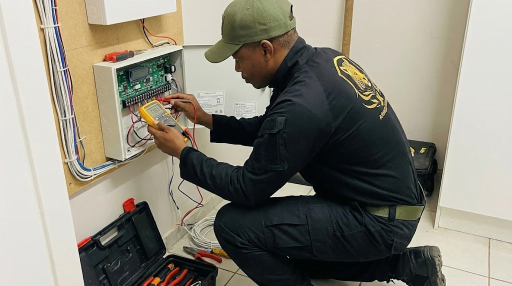 Technician performing a business security assessment quote audit on alarm wiring.