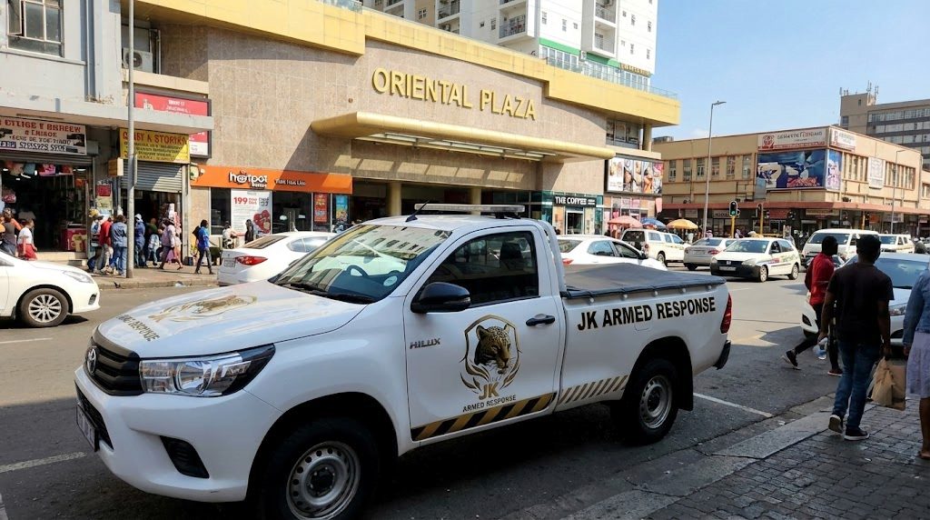 JK Armed Response patrol vehicle providing rapid security services near Oriental Plaza Fordsburg