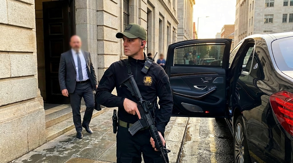 candid photo of a uniformed jk armed response officer scanning the surroundings attentively while a client exits a building during a secure pickup operation