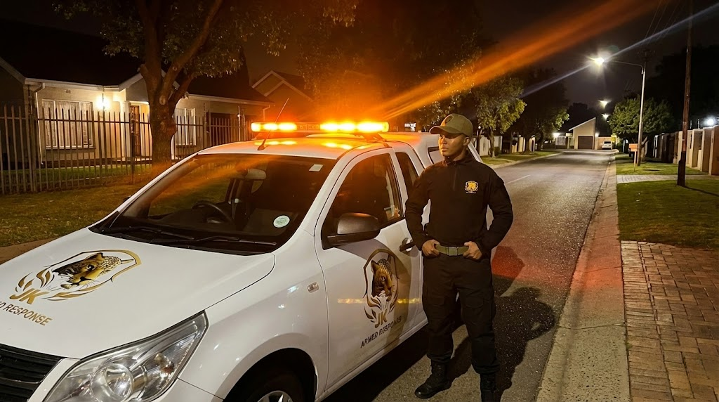JK Armed Response security patrol vehicle at night with flashing lights Johannesburg