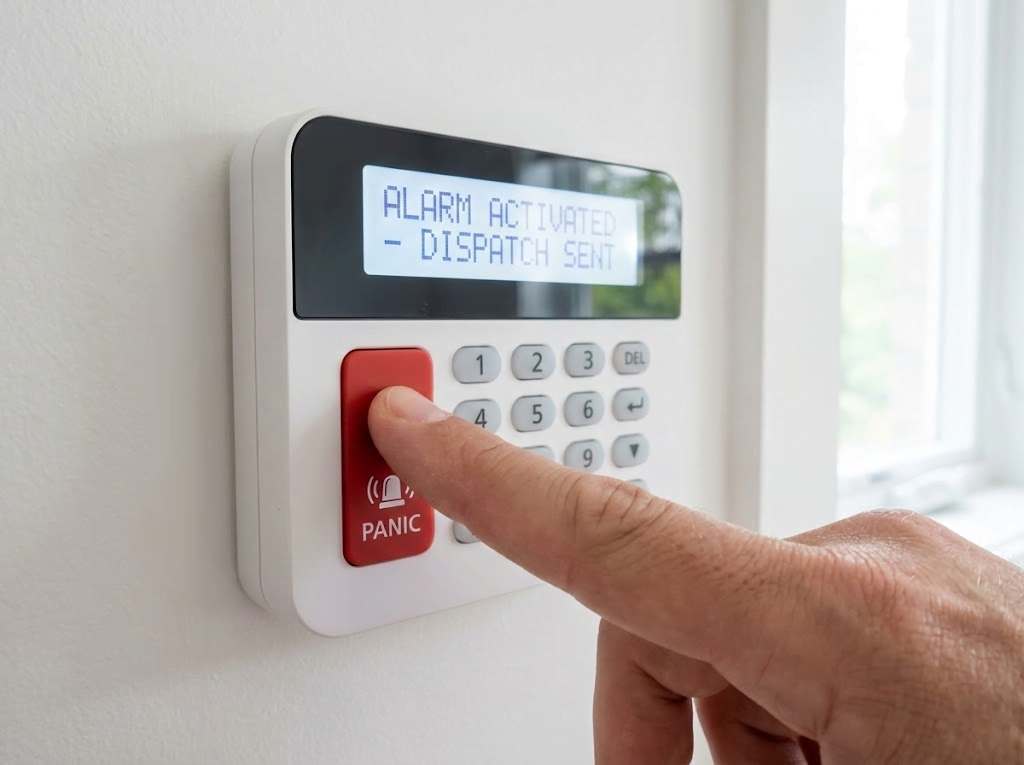 Finger pressing a panic button on a modern home alarm system keypad for emergency response.