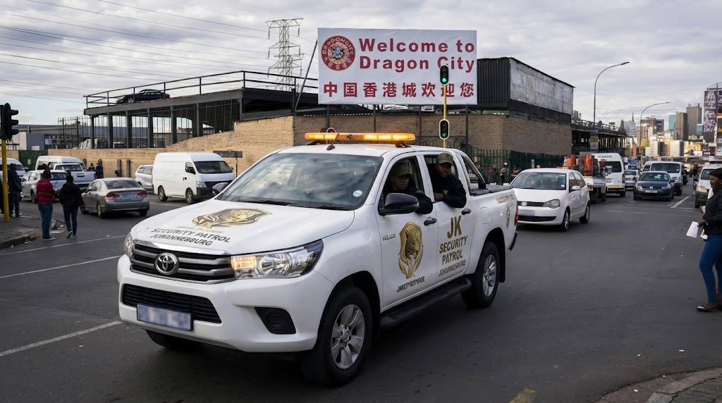A branded JK Armed Response vehicle patrolling a busy street near Dragon City, illustrating high visibility in traffic.