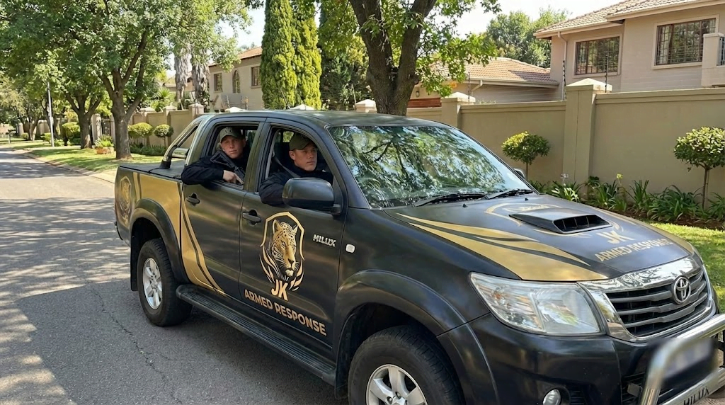 JK Armed Response vehicle patrolling a residential neighborhood in South Africa