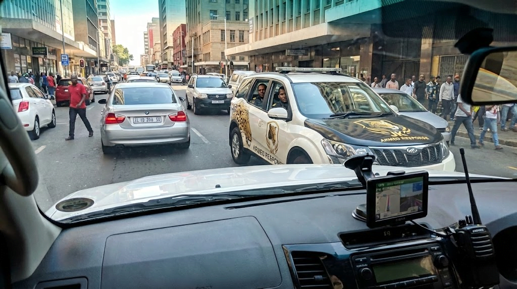 view from dashboard showing marked jk armed response vehicle performing tactical escort duty for a client vehicle on a busy johannesburg street