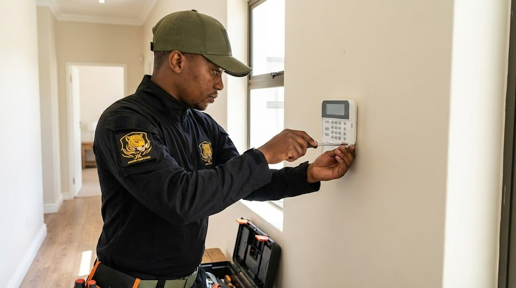 Professional security system installation technician wiring alarm keypad South Africa