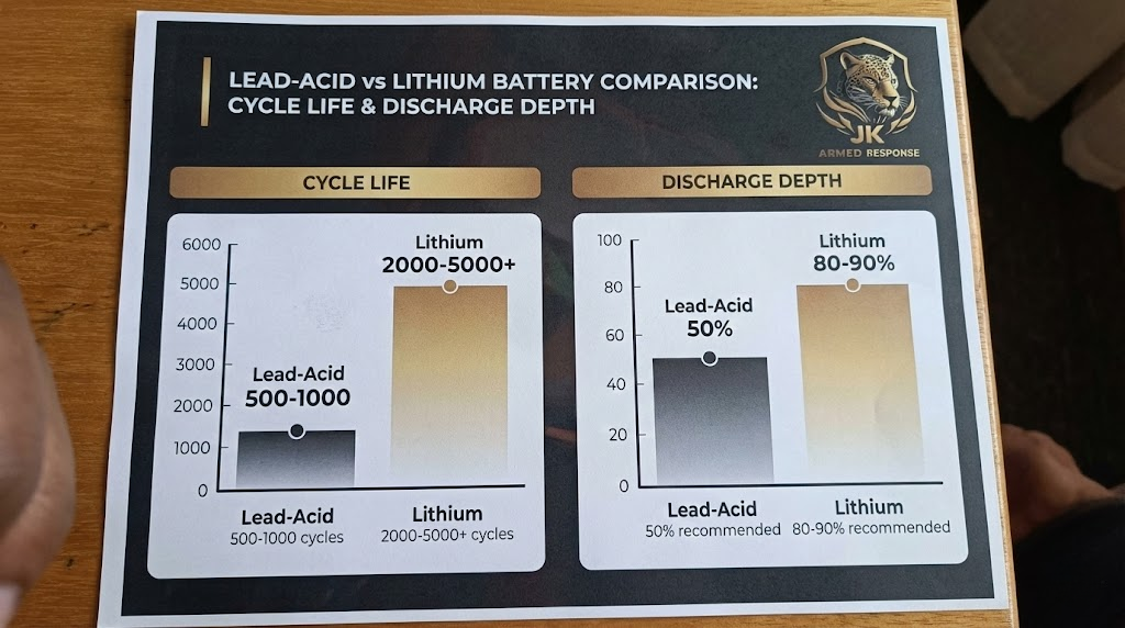 A Lead-Acid vs Lithium battery comparison chart showing cycle life and discharge depth