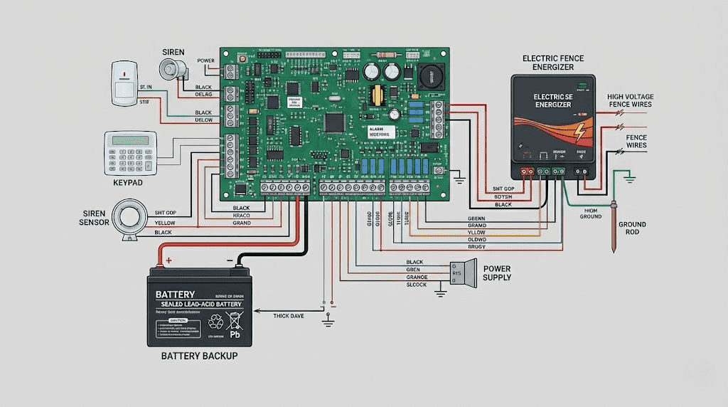A home security system wiring diagram showing battery backup connected to the alarm panel and electric fence
