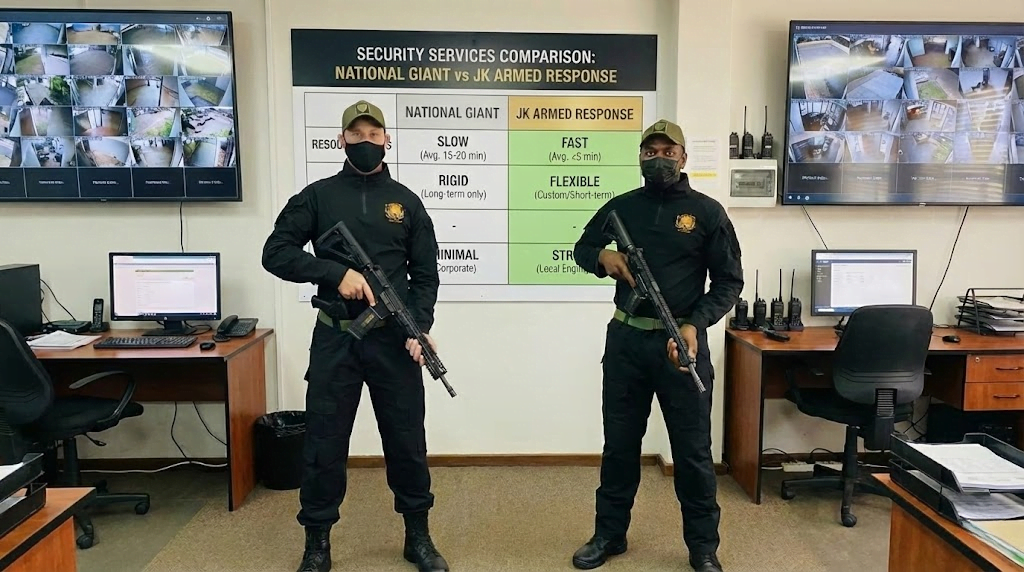 A comparison infographic or table showing 'National Giant' vs 'JK Armed Response', highlighting response times, contract flexibility, and community focus.