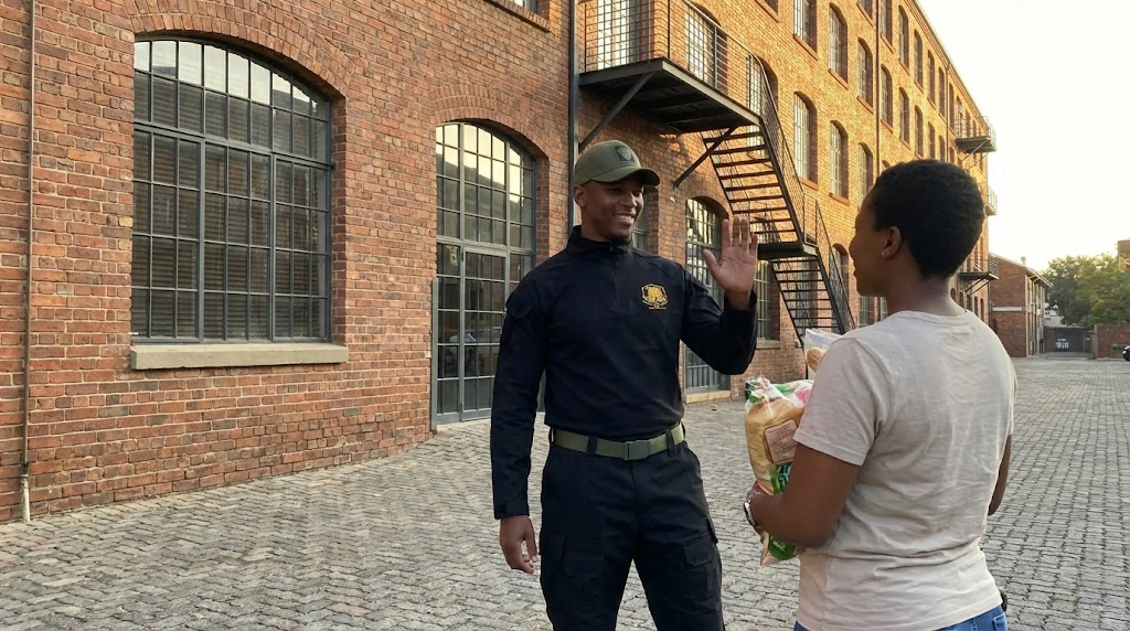 Friendly JK Armed Response security officer standing outside a residential loft complex in Newtown Johannesburg ensuring safety.