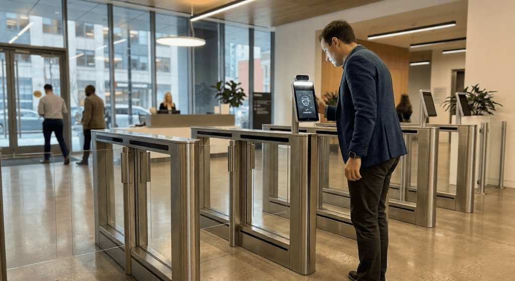 Modern optical speed gate turnstile in a corporate office lobby with a person using facial recognition for access control installed by JK Armed Response in South Africa.