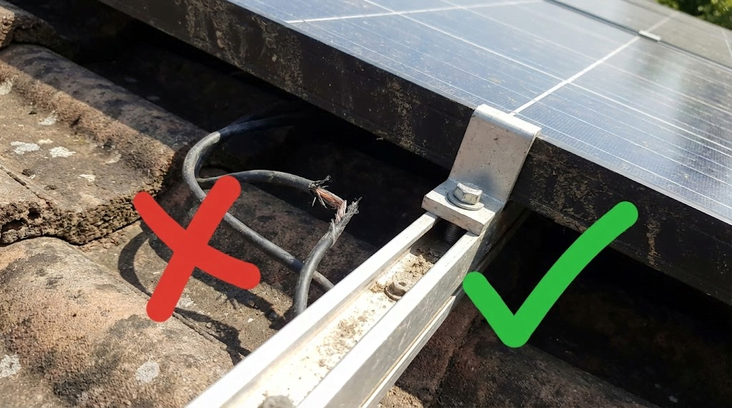 Diagram of a solar panel protection system showing anti-theft clamps and electronic alarm loops.