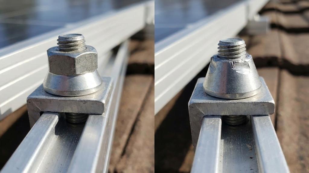 Close-up view of anti-theft shear nut for solar panels, showing the hexagonal head before installation and the secure smooth cone after installation.