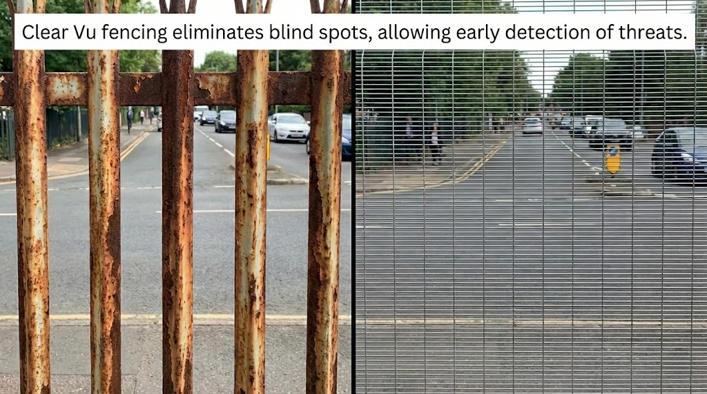 Split image comparing rusted palisade fencing blind spots with high visibility clear vu security mesh.