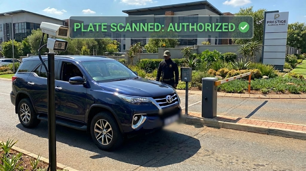 Automatic Number Plate Recognition camera connected to armed response boom gate