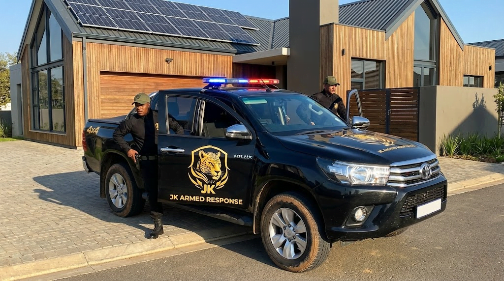 JK Armed Response vehicle patrolling a residential area in South Africa to prevent solar panel theft.