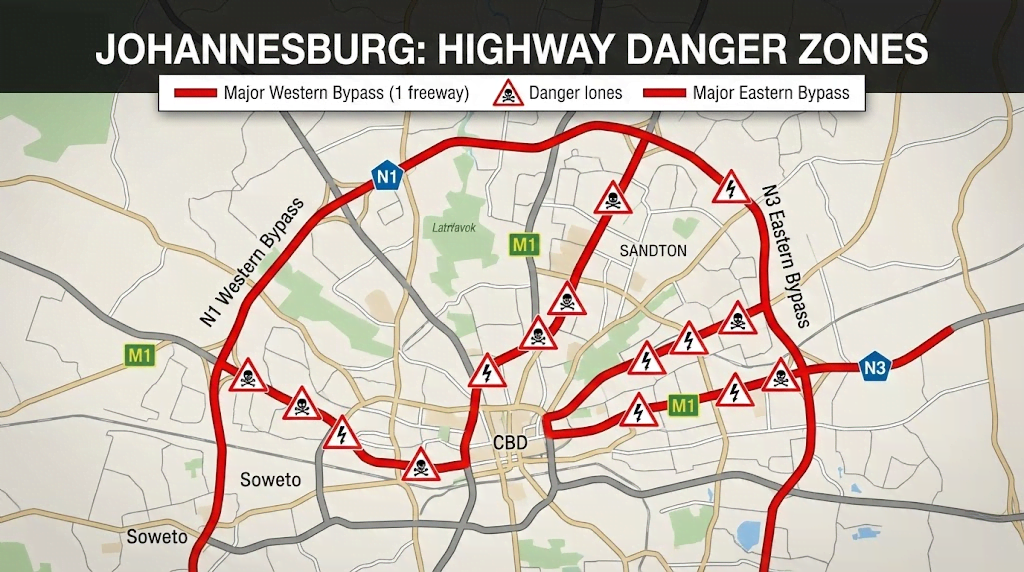 Map of hijacking hotspots johannesburg prevention 2026 showing high risk areas on N1 N3 and M1 highways