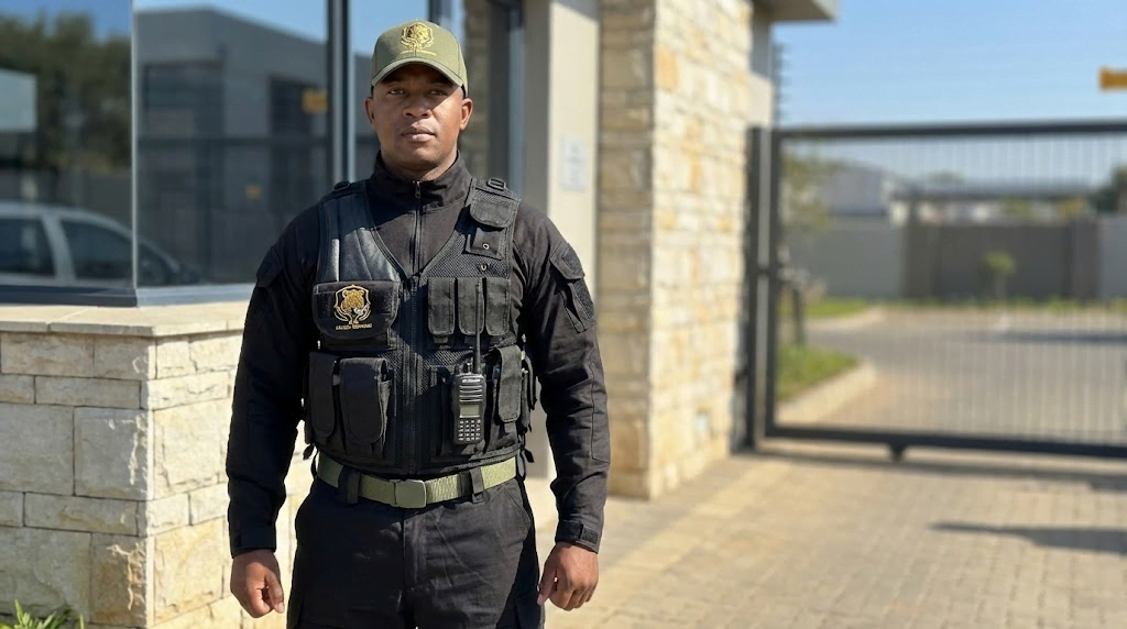 A fully uniformed and professional PSiRA registered security guard from JK Armed Response on duty in South Africa.