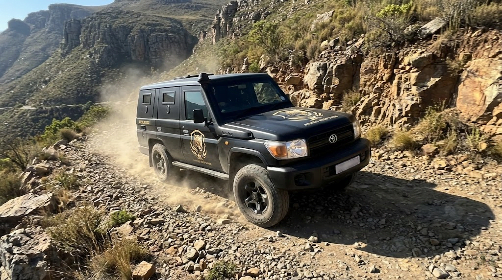 Mountain men security armed response vehicle navigating steep terrain.