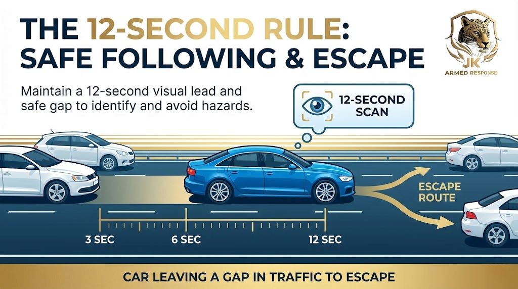 Anti hijacking driving tips infographic showing the 12 second rule and safe escape gap for prevention