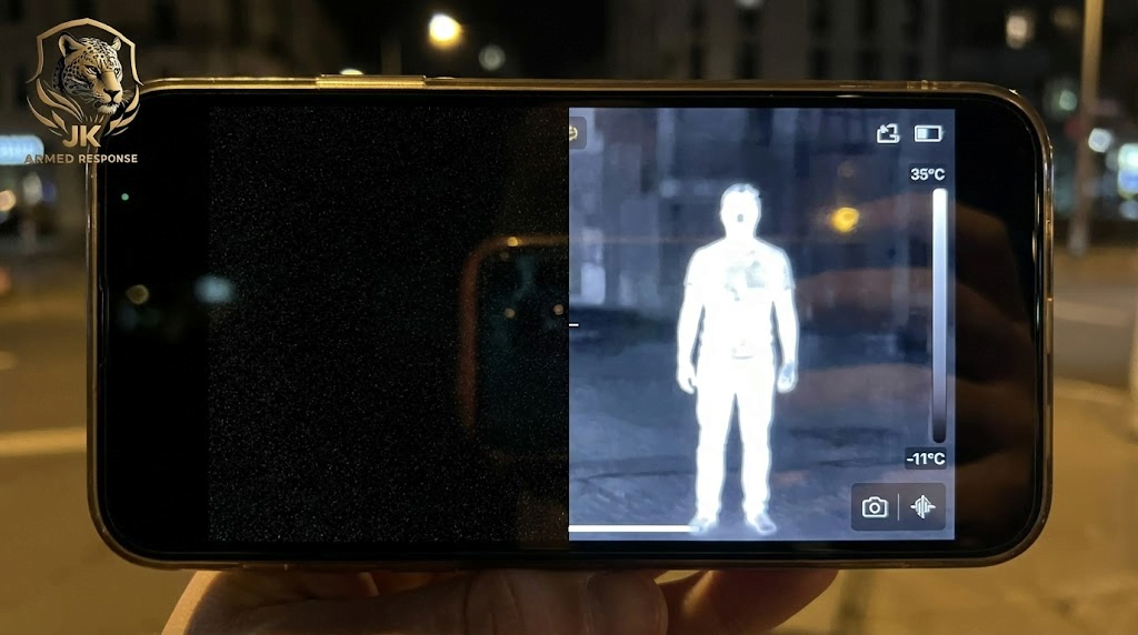 Standard cameras are blind in rural darkness. Thermal imaging (right) makes hiding impossible.