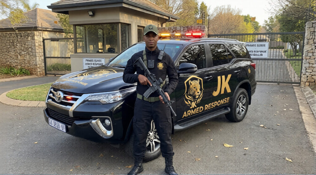 A fully equipped armed response officer and branded patrol vehicle stationed outside a Johannesburg residential estate gate, ready for rapid deployment.