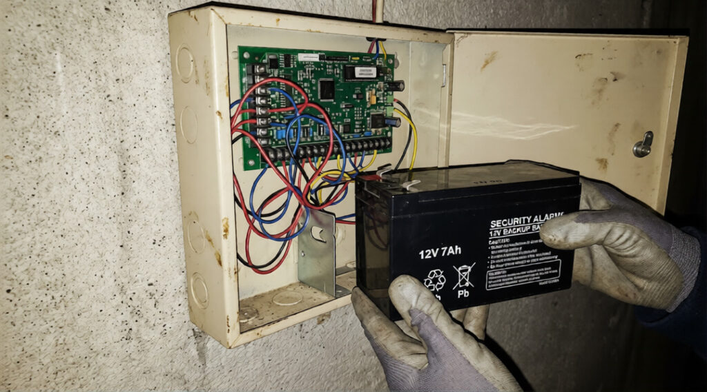 Technician replacing 12V 7AH backup battery in an open security alarm panel box near me