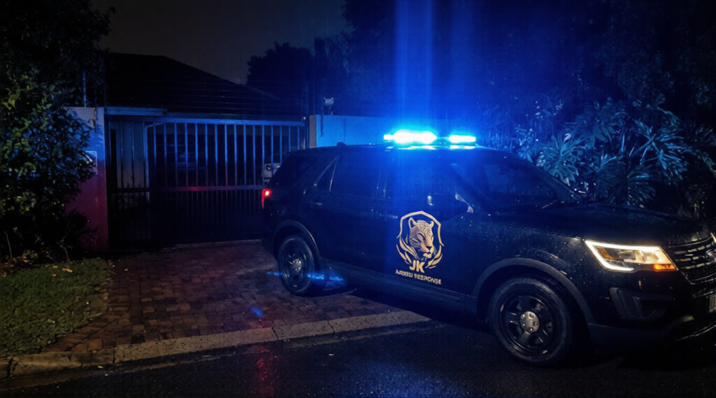 JK Armed Response vehicle patrolling during load shedding blackout.