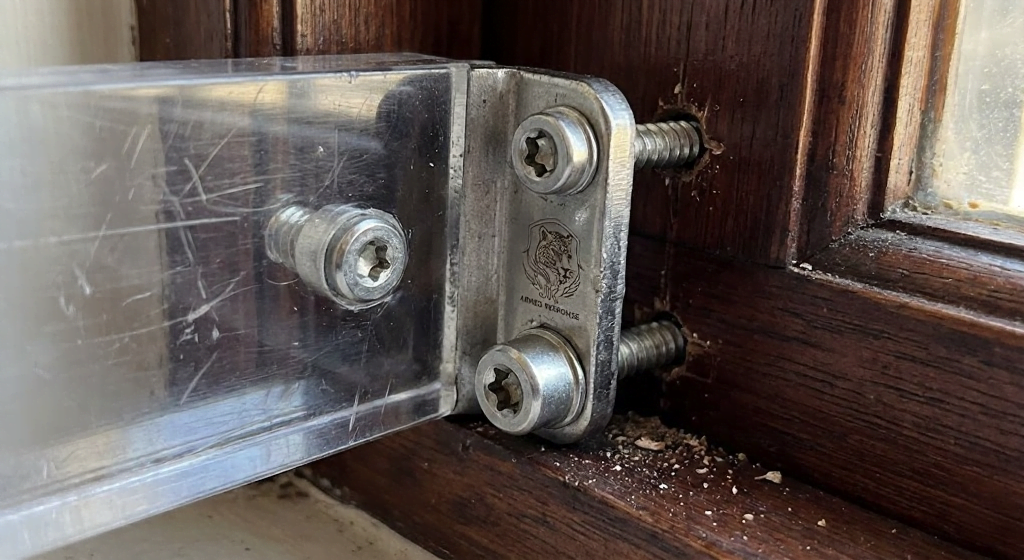 Close-up of tamper-proof security caps and industrial pop rivets used for installing transparent burglar bars securely.
