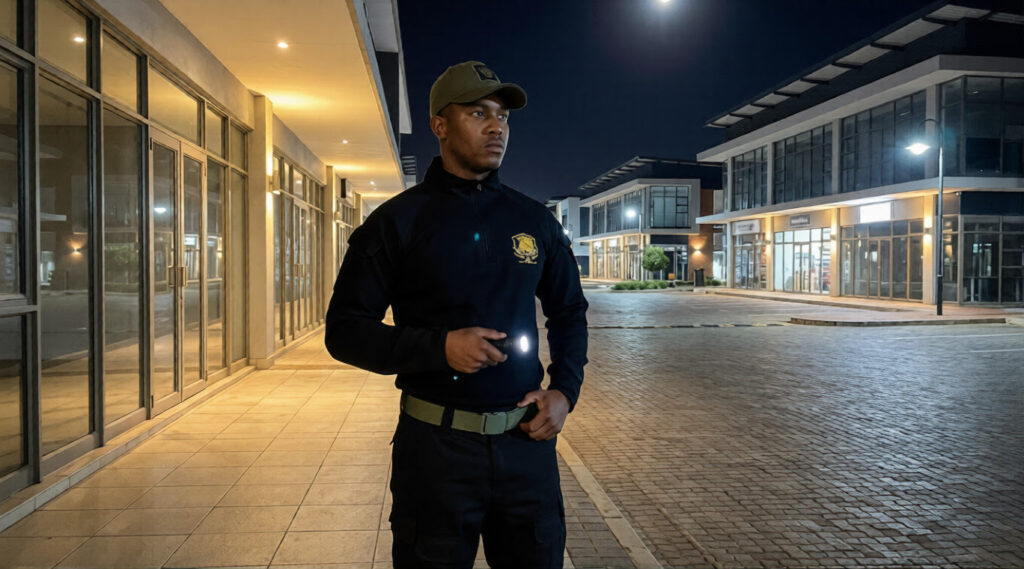 Commercial security guards patrolling a business park at night for JK Armed Response in South Africa