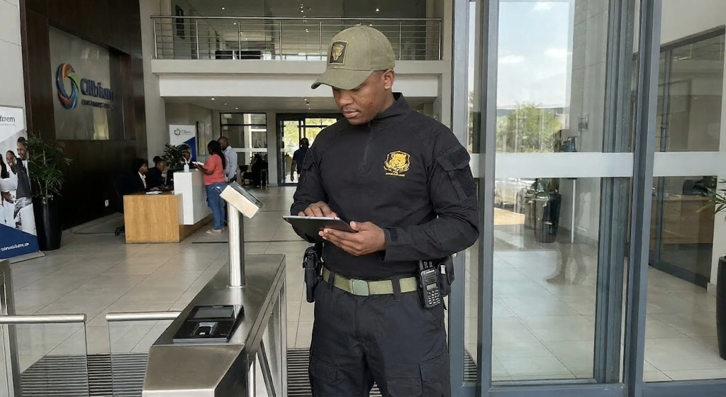 Elite commercial security guards monitoring access control at a South African corporate office