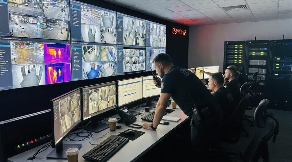 Modern 24/7 security control room in Johannesburg with operators monitoring live CCTV surveillance screens for rapid incident response.